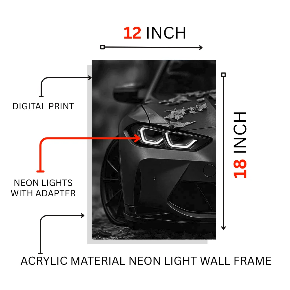 Djane Studio Neon Wall Frame | Acrylic Neon Car Frame for Living Room, Bedroom, Office & Gaming Room | Modern Home Décor | Pack of 1 | Size 12x18 Inch